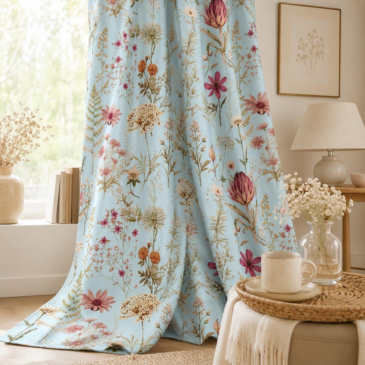 Boho Floral Curtains Blue Wildflower Blackout Curtains