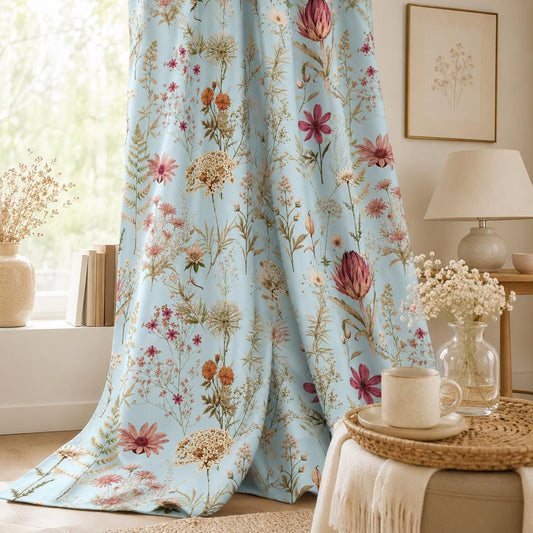 Boho Floral Curtains Blue Wildflower Blackout Curtains