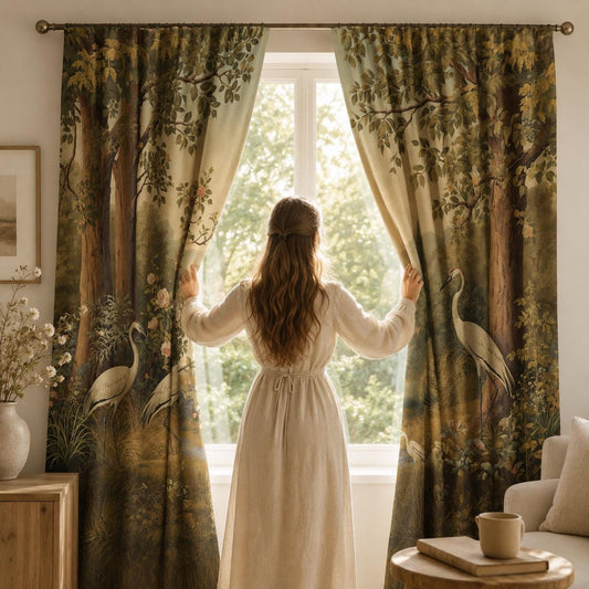 Vintage Crane Forest, Cottagecore Blackout Curtains