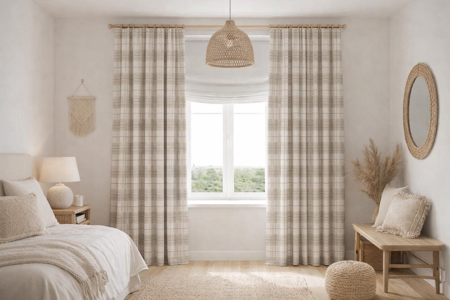 Neutral Plaid, Beige Plaid Blackout Curtains