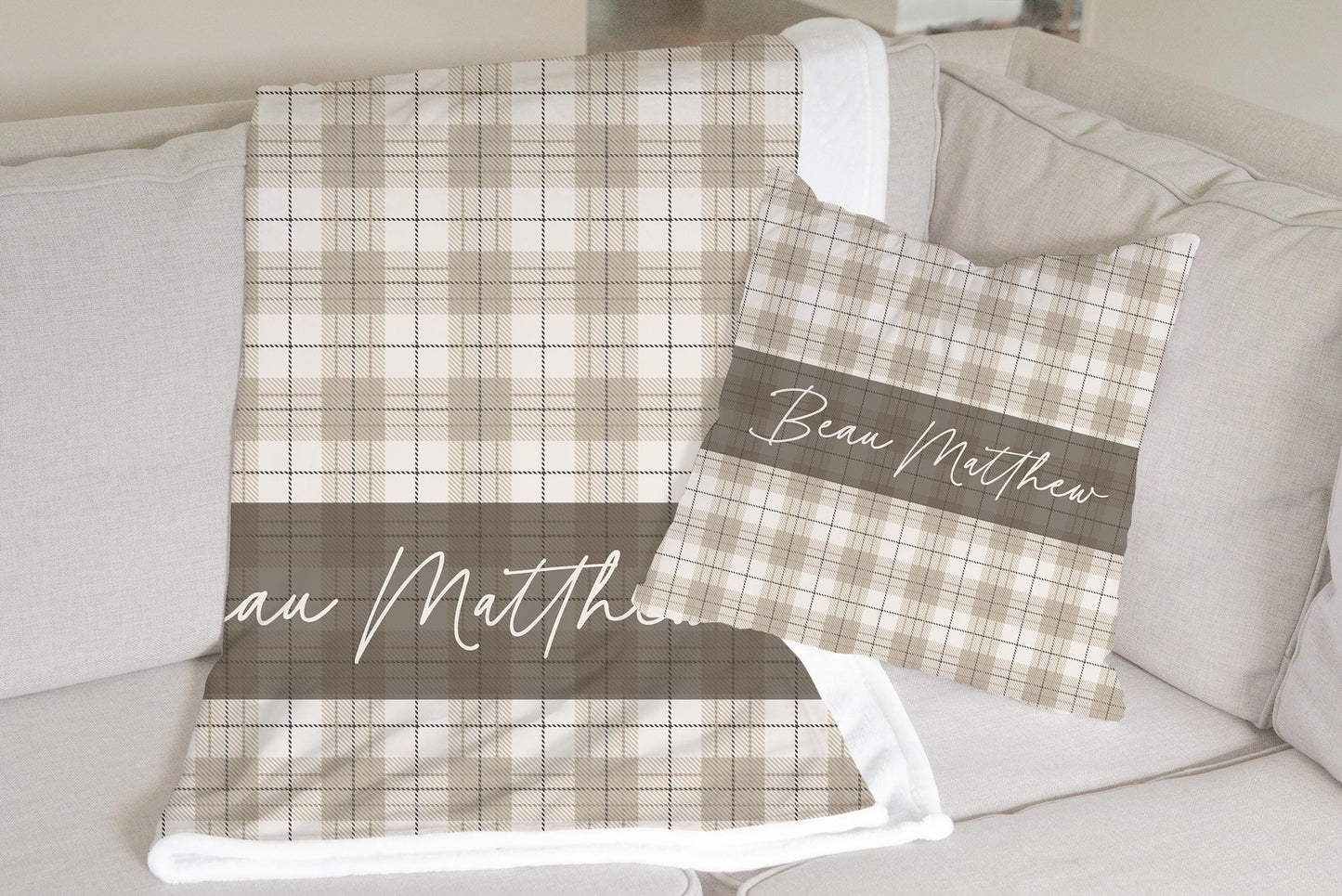 Neutral Plaid Personalized Blanket for Boy