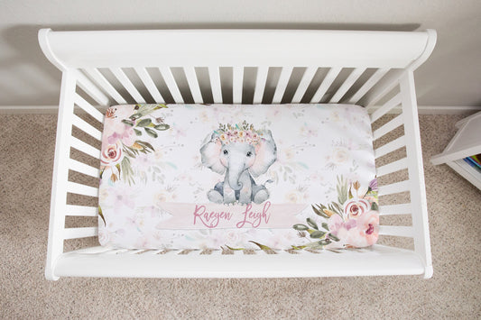 Grey Flowers with Elephant Personalized Crib Sheet for Girl