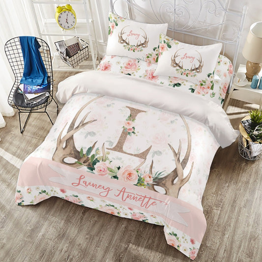 Blush Florals with Antlers Personalized Duvet Cover Set for Girl
