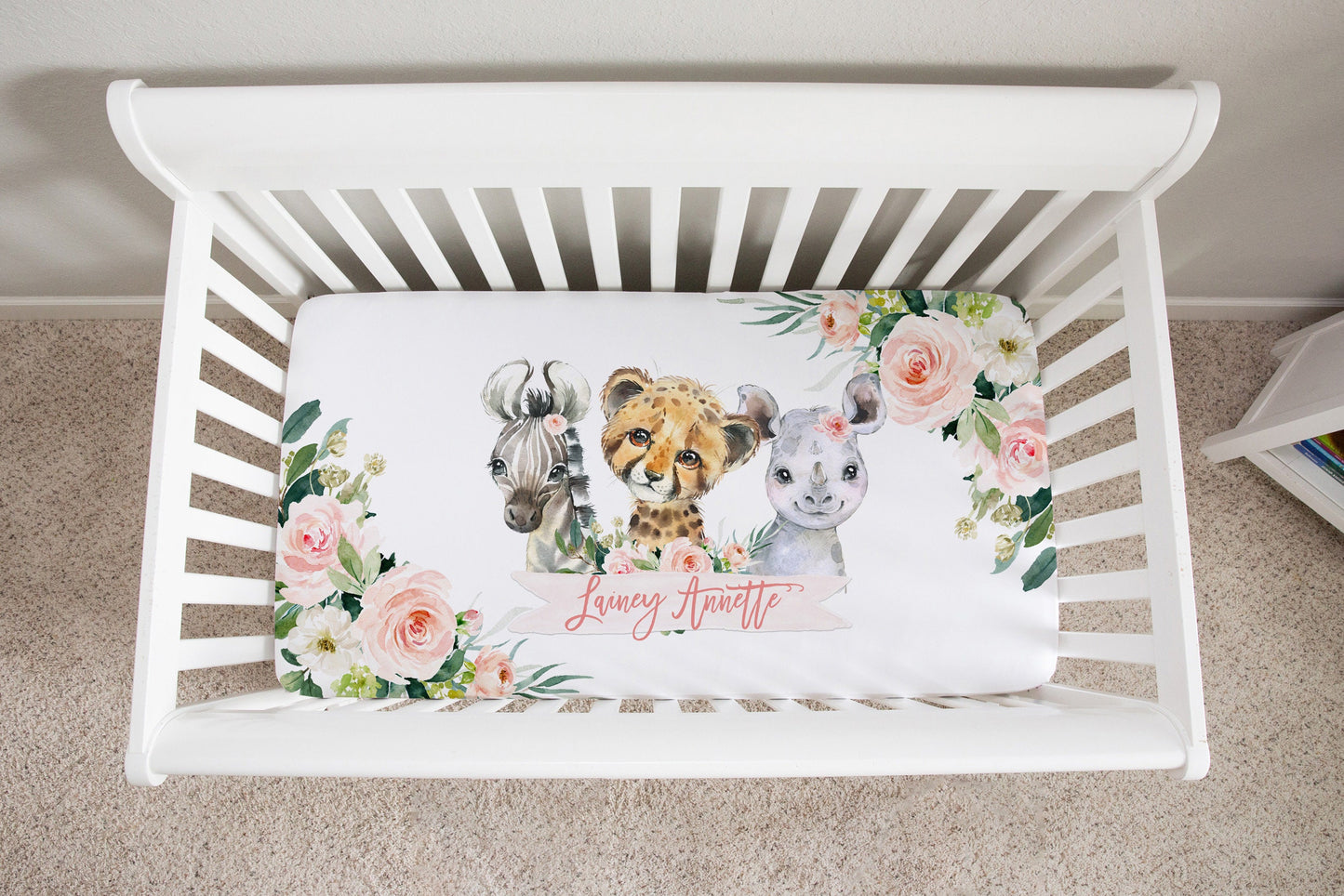Blush Florals with Safari Animals Personalized Crib Sheet for Girl
