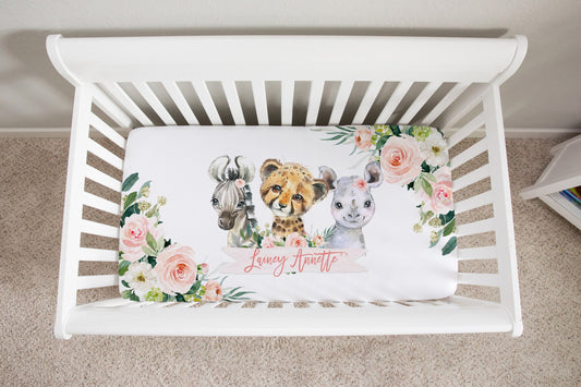 Blush Florals with Safari Animals Personalized Crib Sheet for Girl