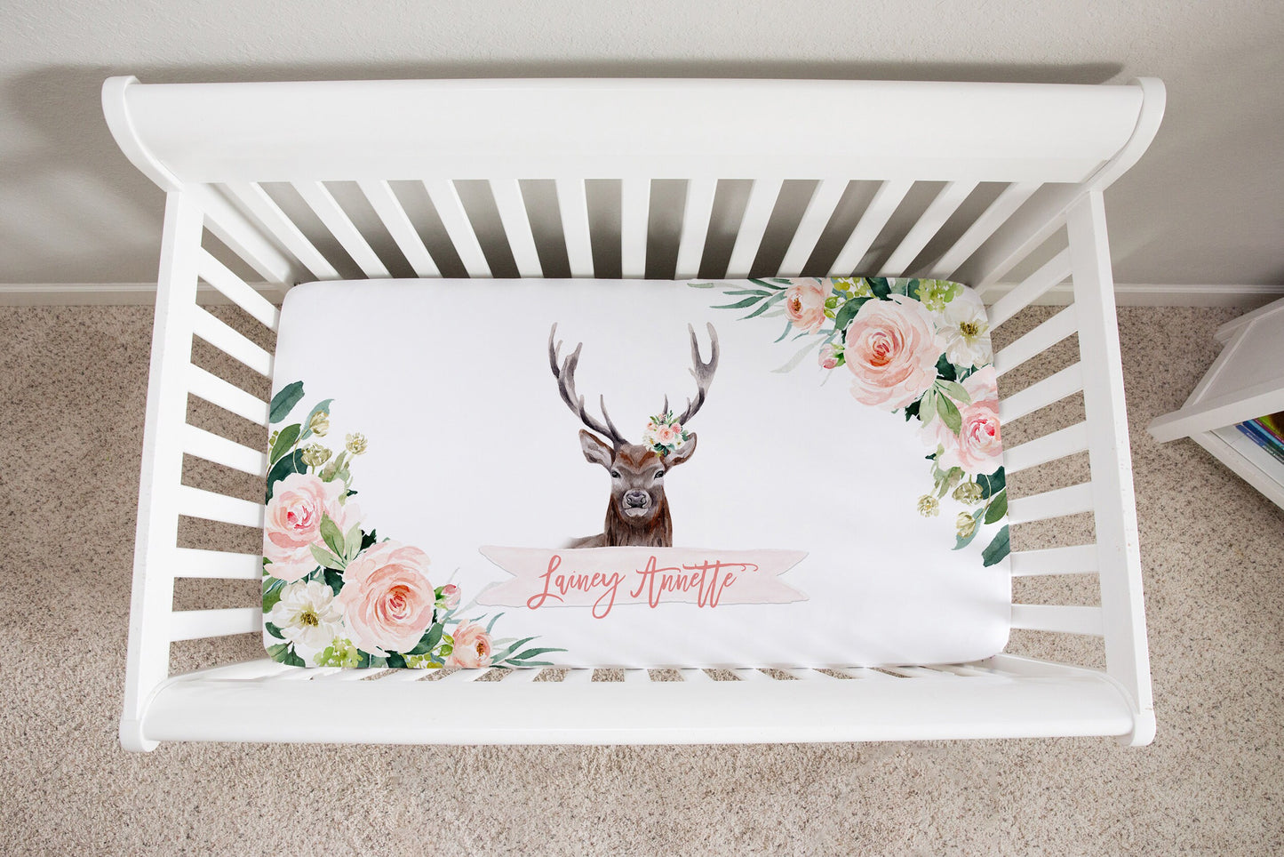Blush Florals with Deer Personalized Crib Sheet for Girl