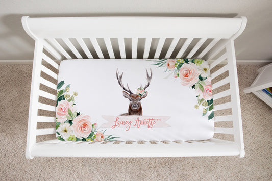 Blush Florals with Deer Personalized Crib Sheet for Girl