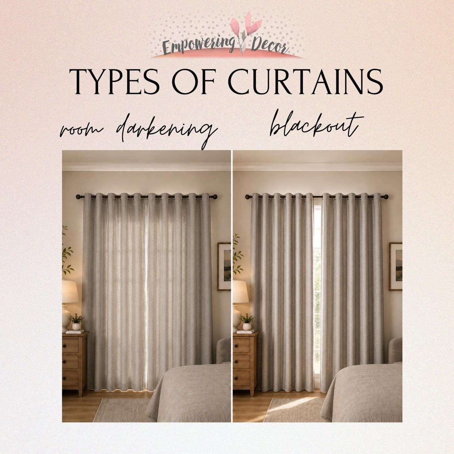 The image is a collage of two photographs, each depicting a different type of curtain: a room with a darkening curtain and a room with a blackout curtain.