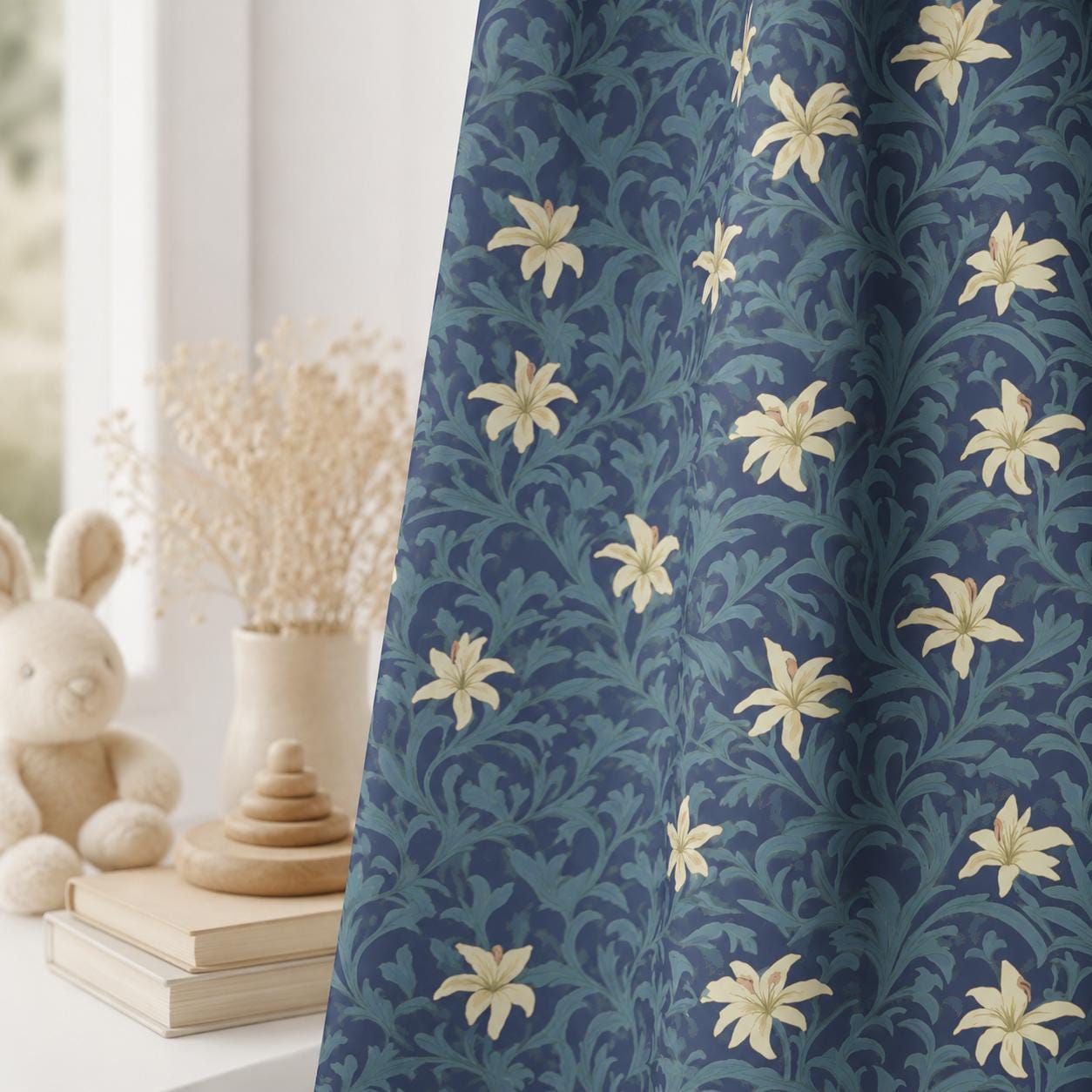 Navy Blue Floral Curtains, Vintage William Morris Style Blackout Curtains