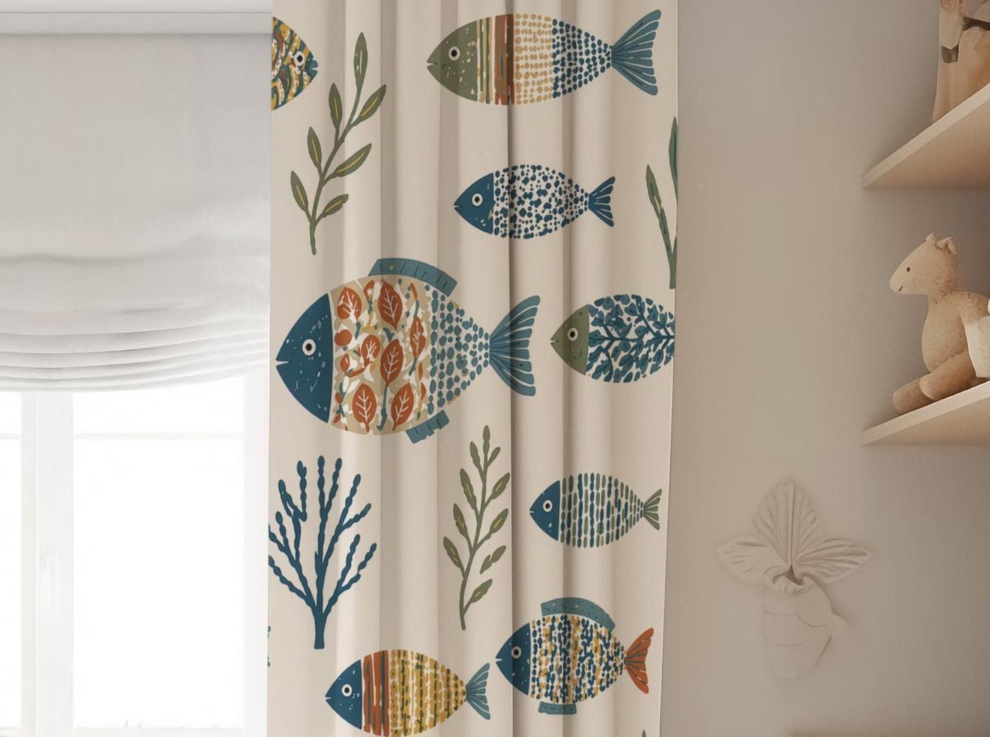 Coastal Fish Curtains, Ocean Nursery Blackout Curtains