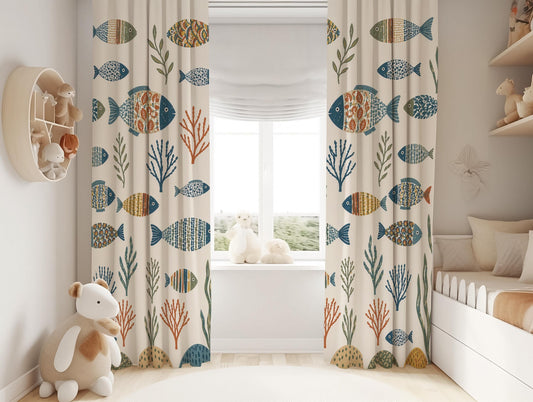 Coastal Fish Curtains, Ocean Nursery Blackout Curtains