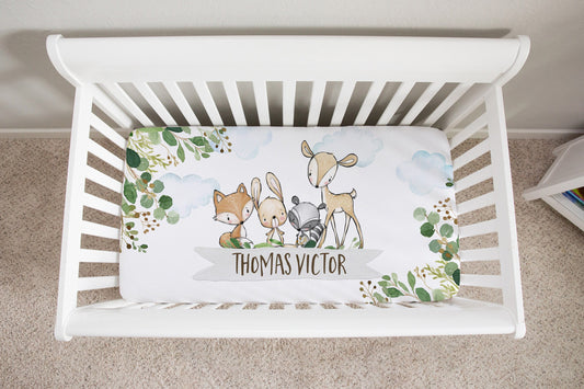 Greenery with Deer and Friends Personalized Crib Sheet for Boy