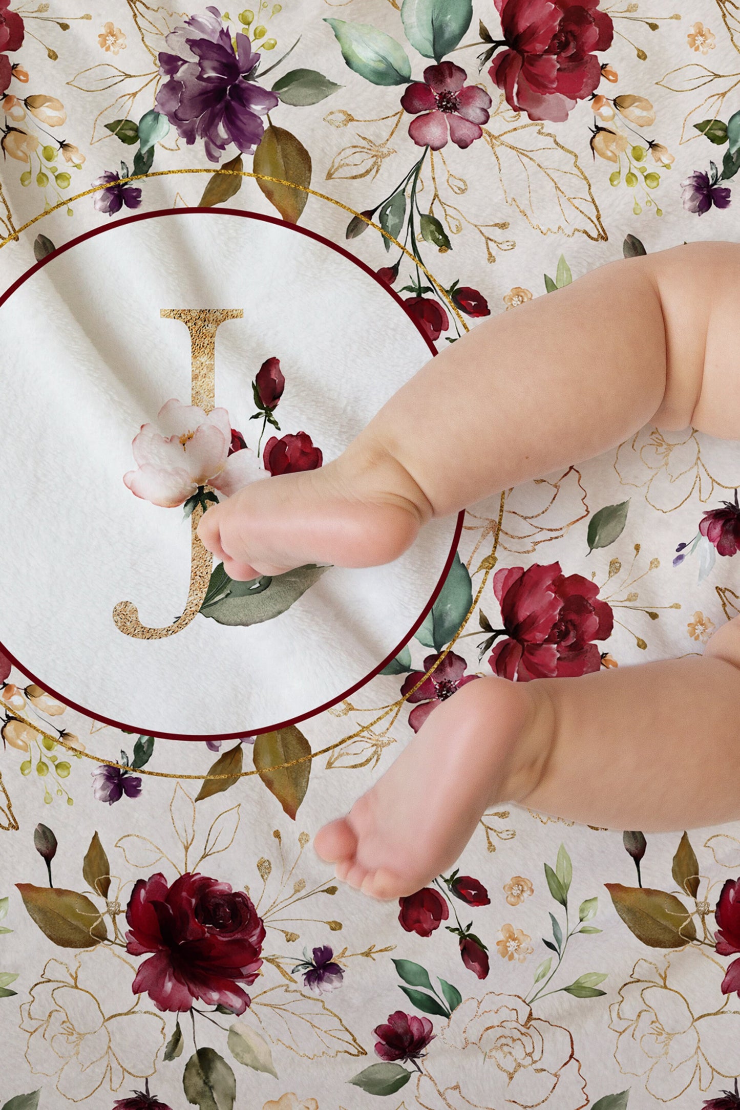 Burgundy Flowers Monogrammed Blanket for Girl