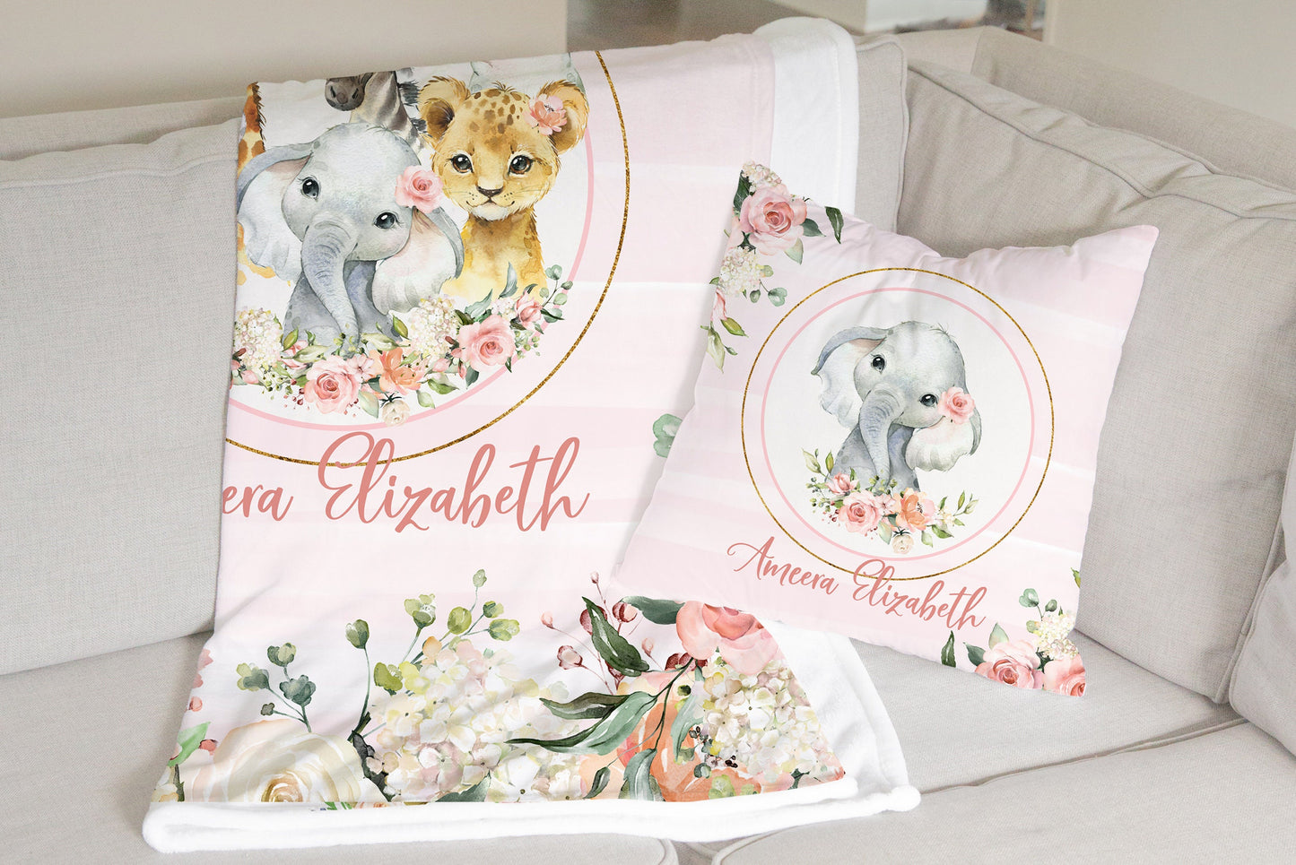 Roses Garden with Safari Animals Personalized Blanket for Girl