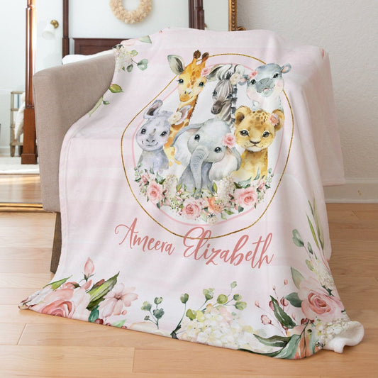 Roses Garden with Safari Animals Personalized Blanket for Girl