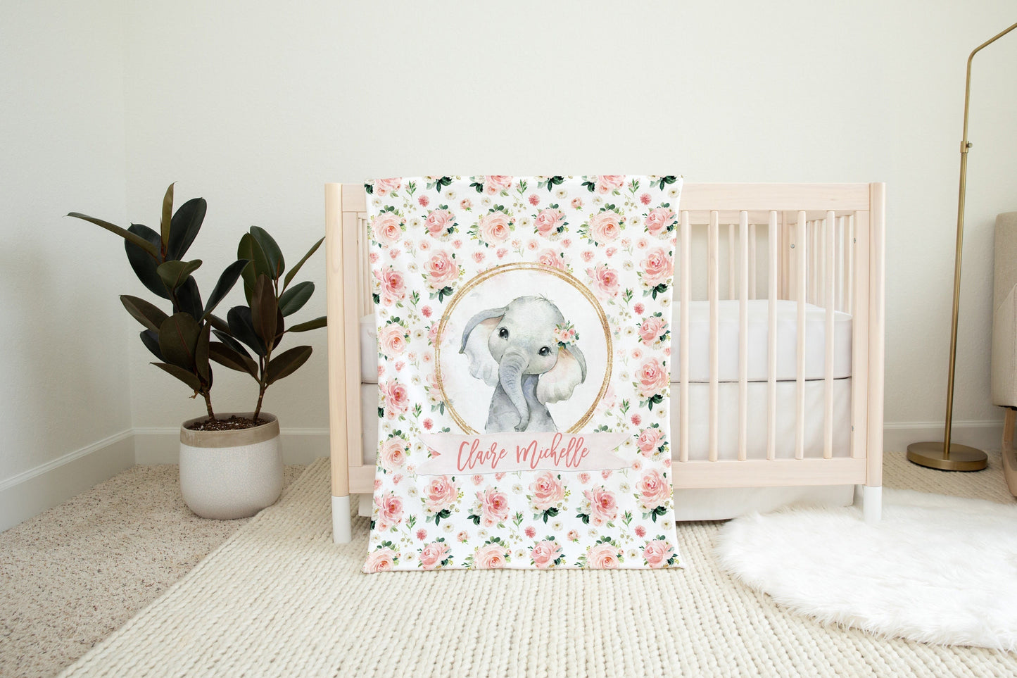 Blush Florals with Elephant in Circle Personalized Blanket for Girl