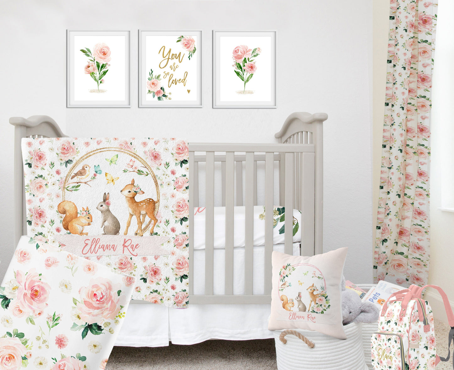 Blush Florals with Deer and Bunny Personalized Blanket for Girl