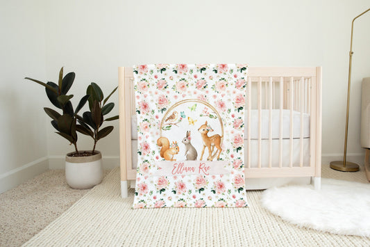 Blush Florals with Deer and Bunny Personalized Blanket for Girl