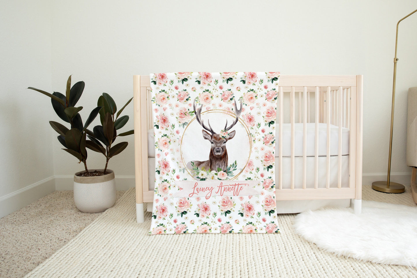 Blush Florals with Deer Personalized Blanket for Girl