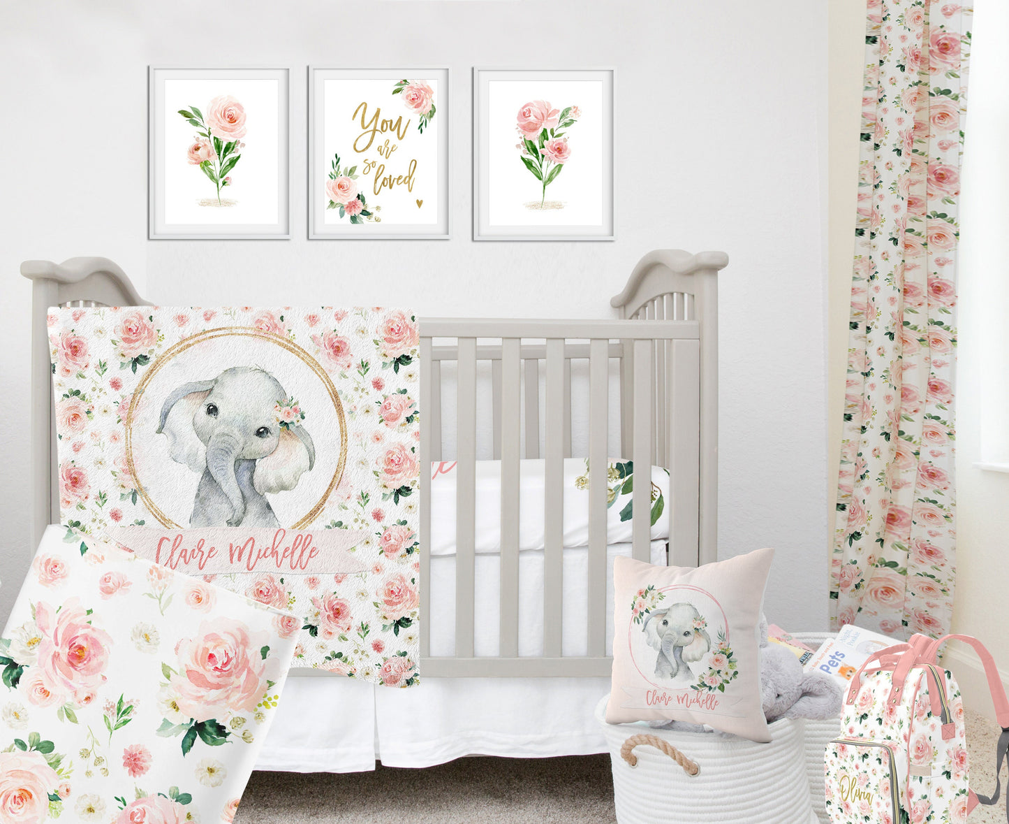 Blush Florals with Elephant in Circle Personalized Blanket for Girl