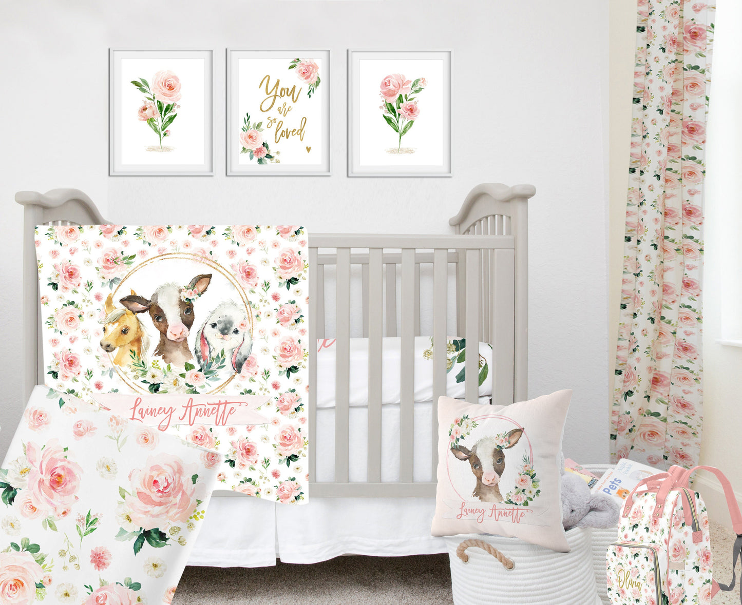 Blush Florals with Farm Animals in Circle Personalized Blanket for Girl