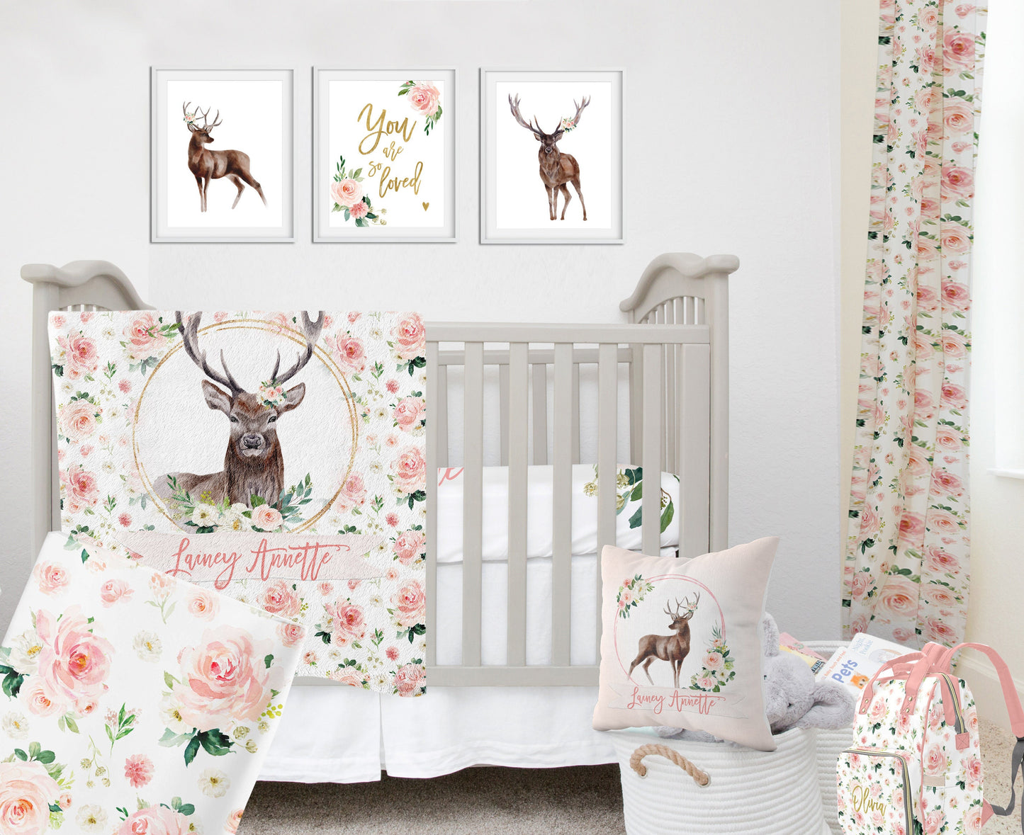 Blush Florals with Deer Personalized Blanket for Girl