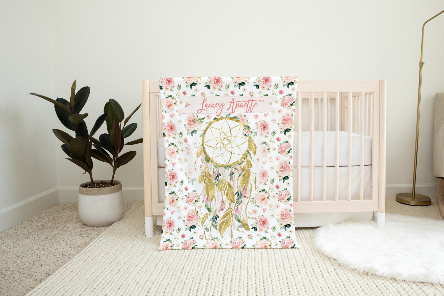 Blush Florals with Dreamcatcher Personalized Blanket for Girl