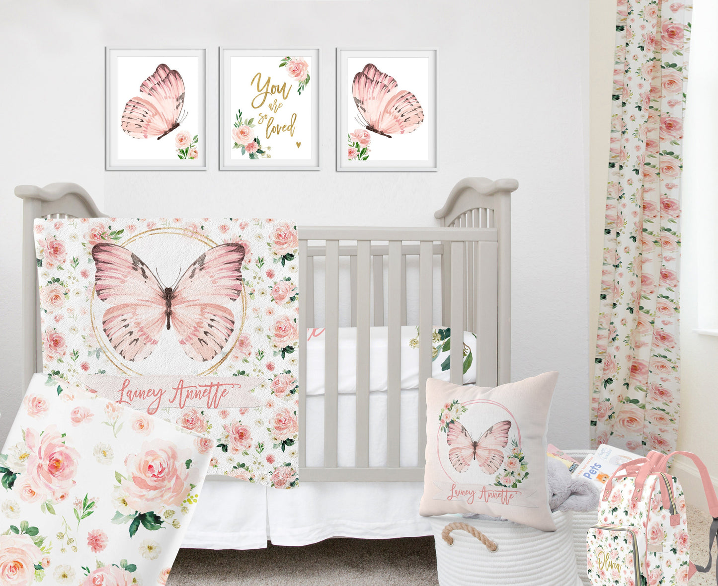 Blush Florals with Butterfly Personalized Blanket for Girl