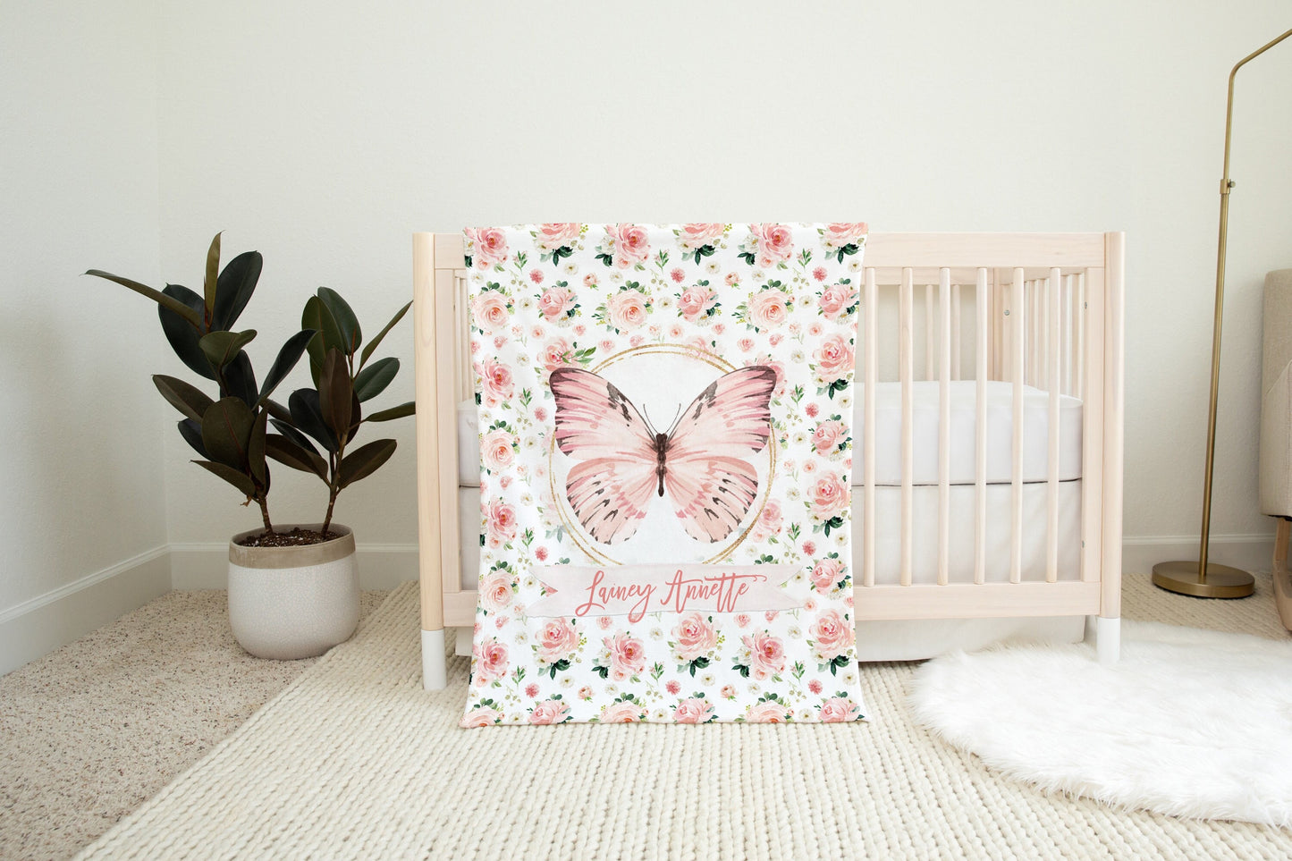 Blush Florals with Butterfly Personalized Blanket for Girl