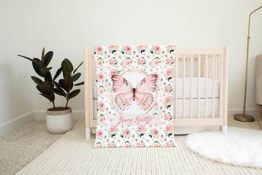 Blush Florals with Butterfly Personalized Blanket for Girl