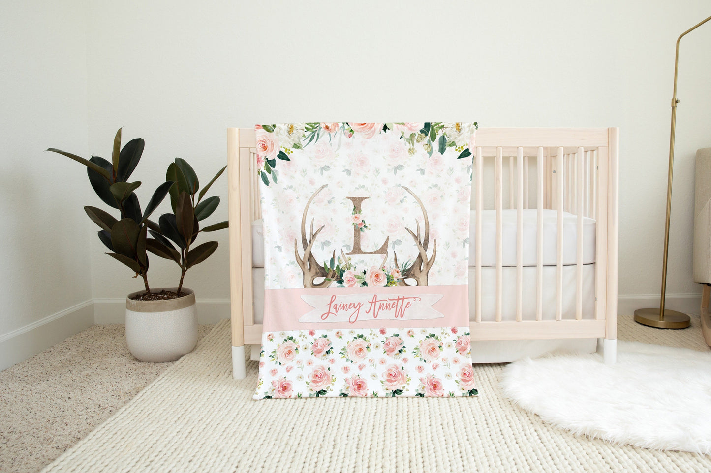 Blush Florals with Antlers Personalized Blanket for Girl