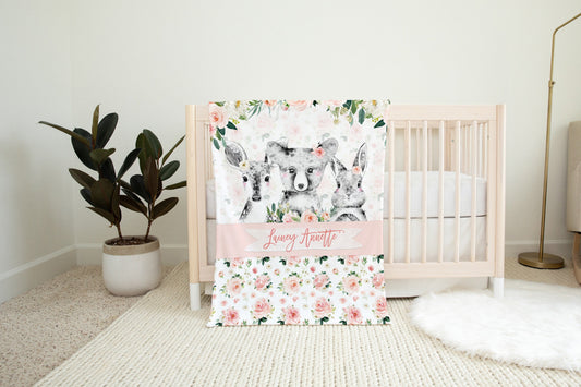 Blush Florals with Black and White Woodland Personalized Blanket for Girl