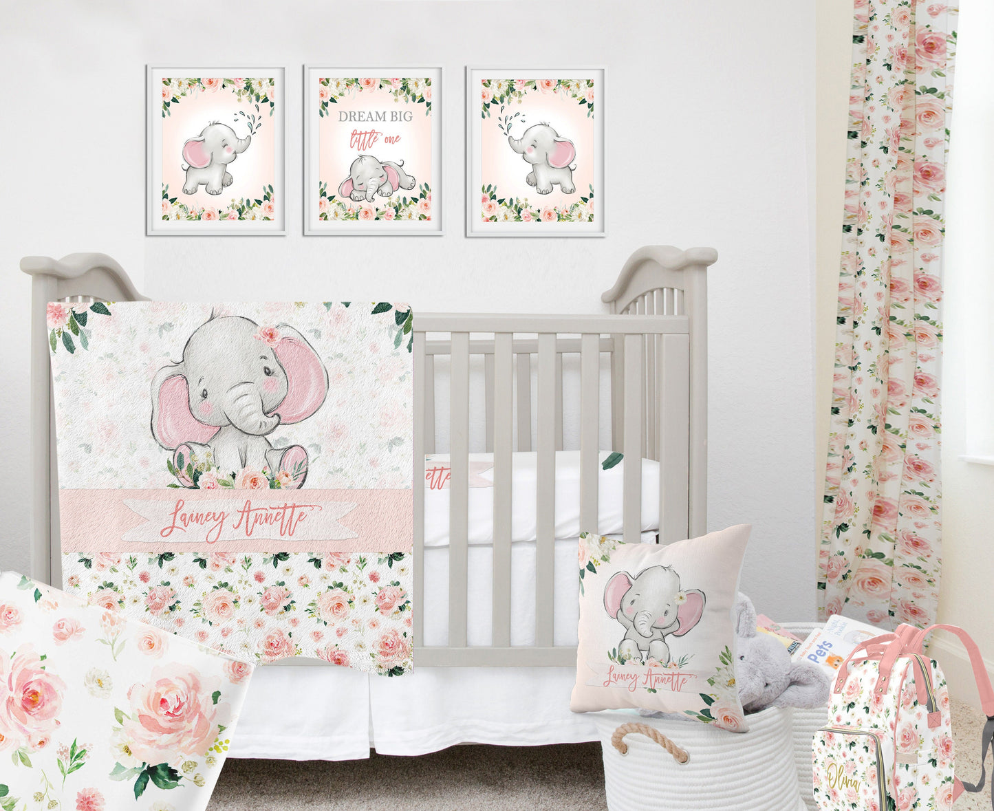 Blush Florals with Happy Elephant Personalized Blanket for Girl