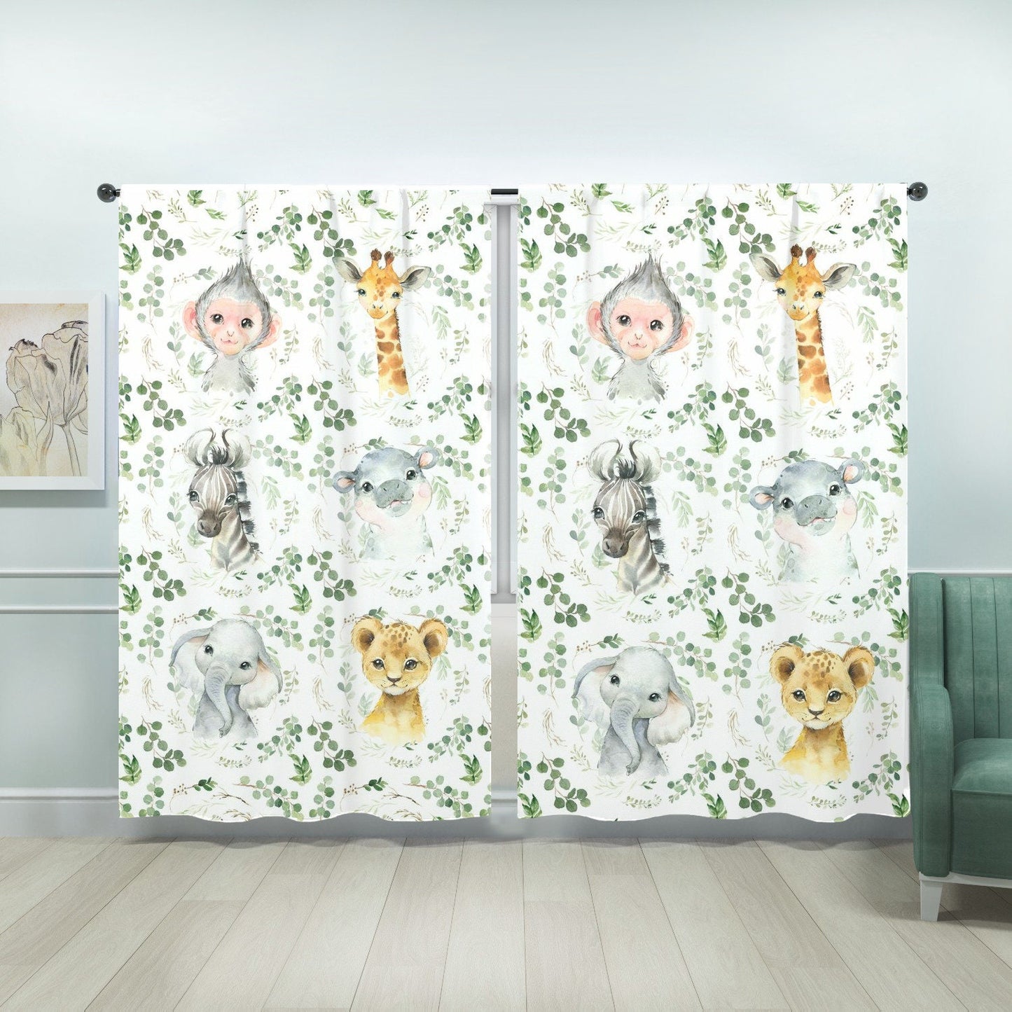 Greenery with Safari Animals Blackout Curtains