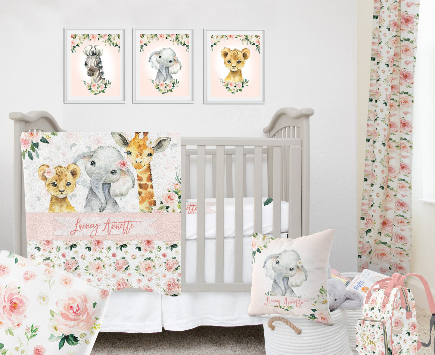 Blush Florals with Safari Animals Personalized Blanket for Girl