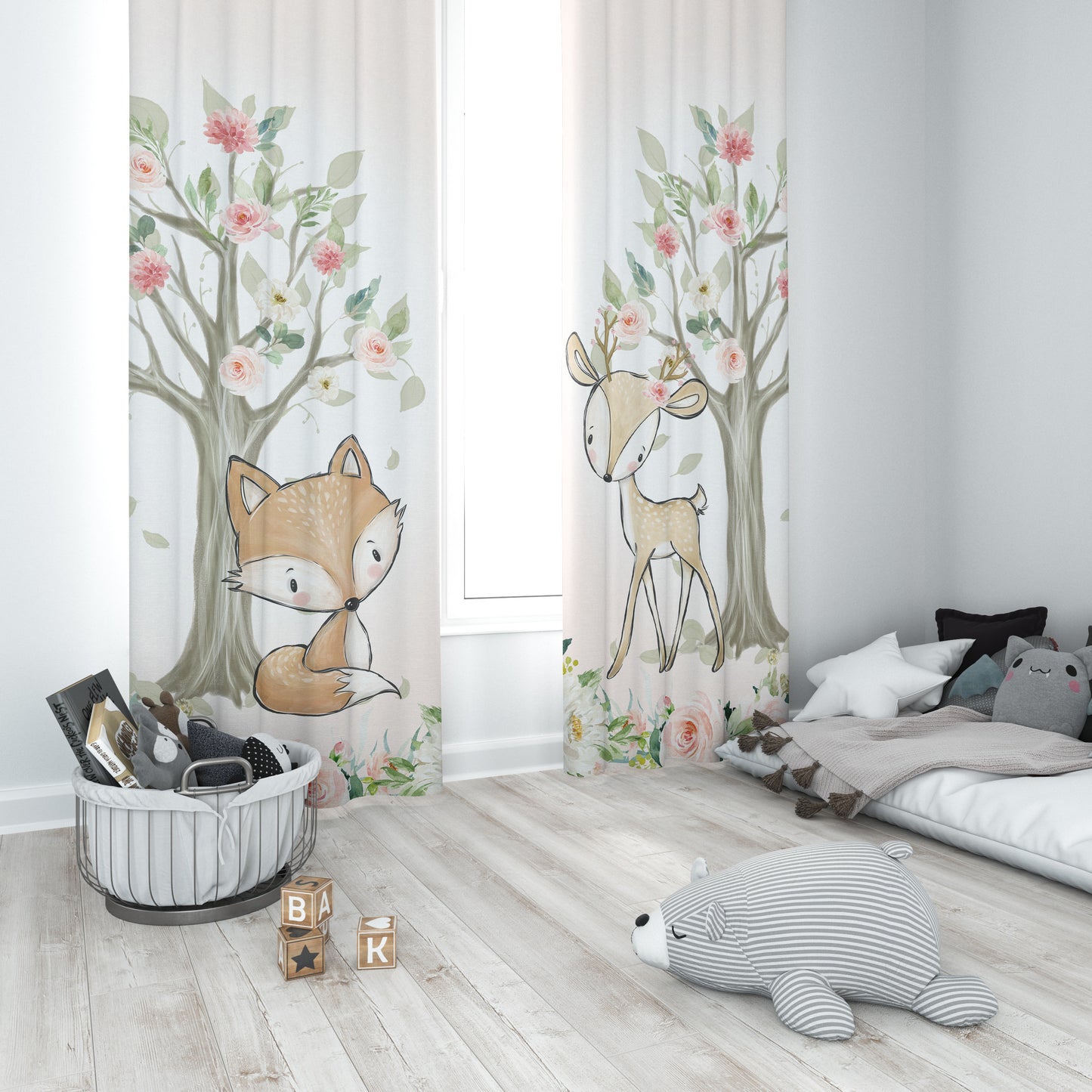 Blush Florals with Woodland Animals Blackout Curtains