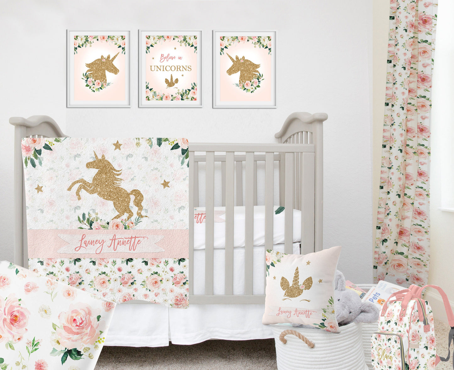 Blush Floral with Unicorn Personalized Blanket for Girl