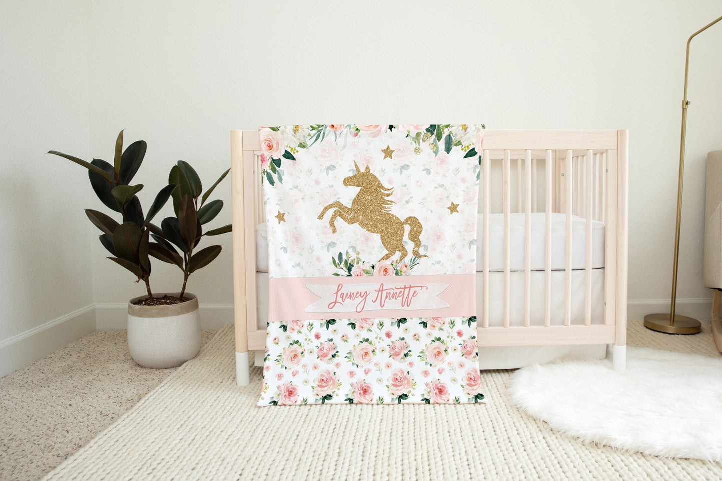 Blush Floral with Unicorn Personalized Blanket for Girl