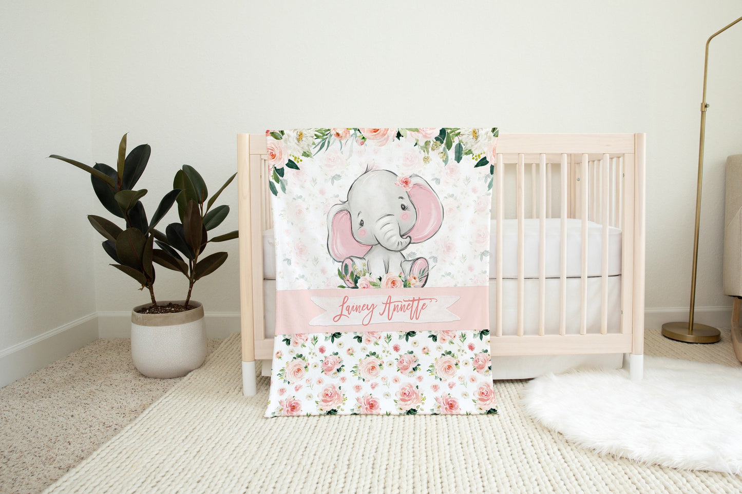 Blush Florals with Happy Elephant Personalized Blanket for Girl