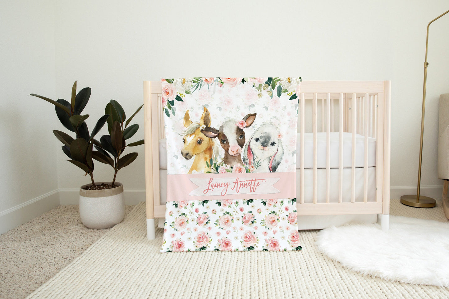 Blush Florals with Farm Animals Personalized Blanket for Girl