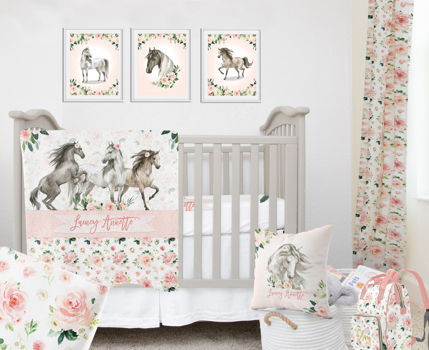 Blush Florals with Horses Personalized Blanket for Girl