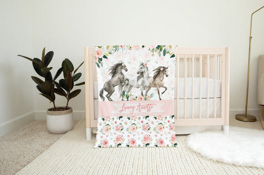 Blush Florals with Horses Personalized Blanket for Girl