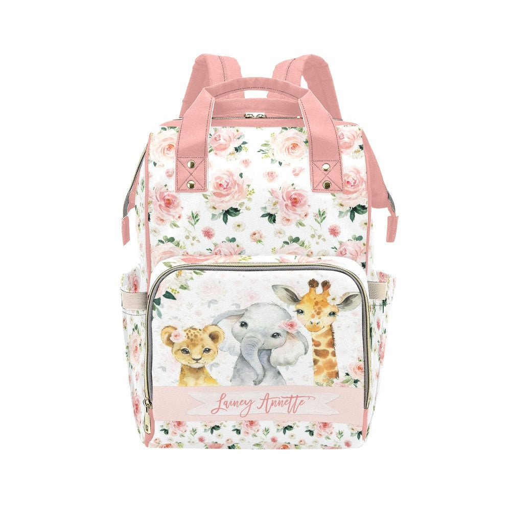 Blush Florals with Safari Animals Personalized Diaper Bag