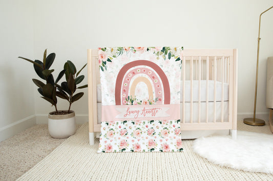 Blush Florals with Rainbow Personalized Blanket for Girl