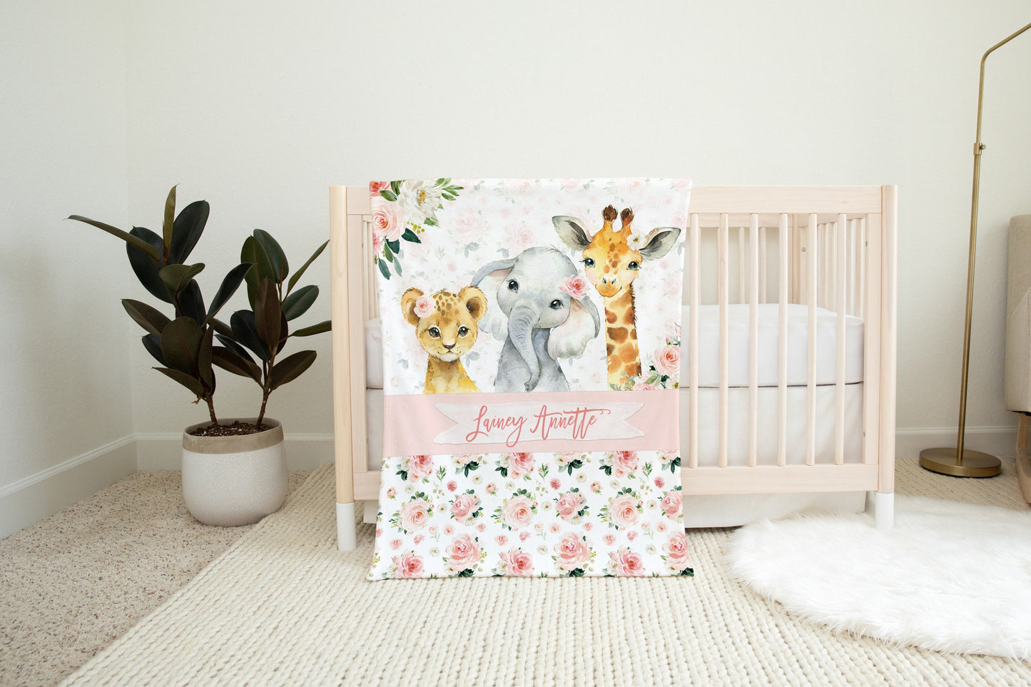 Blush Florals with Safari Animals Personalized Blanket for Girl