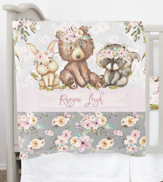 Grey Flowers with Bear Personalized Blanket for Girl