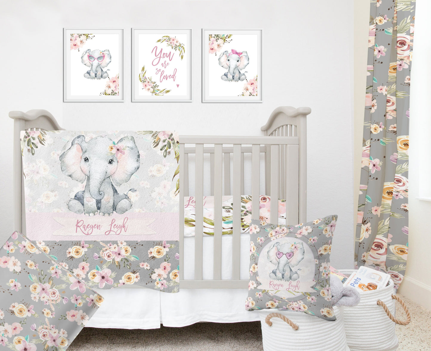 Grey Flowers with Elephant Personalized Blanket for Girl