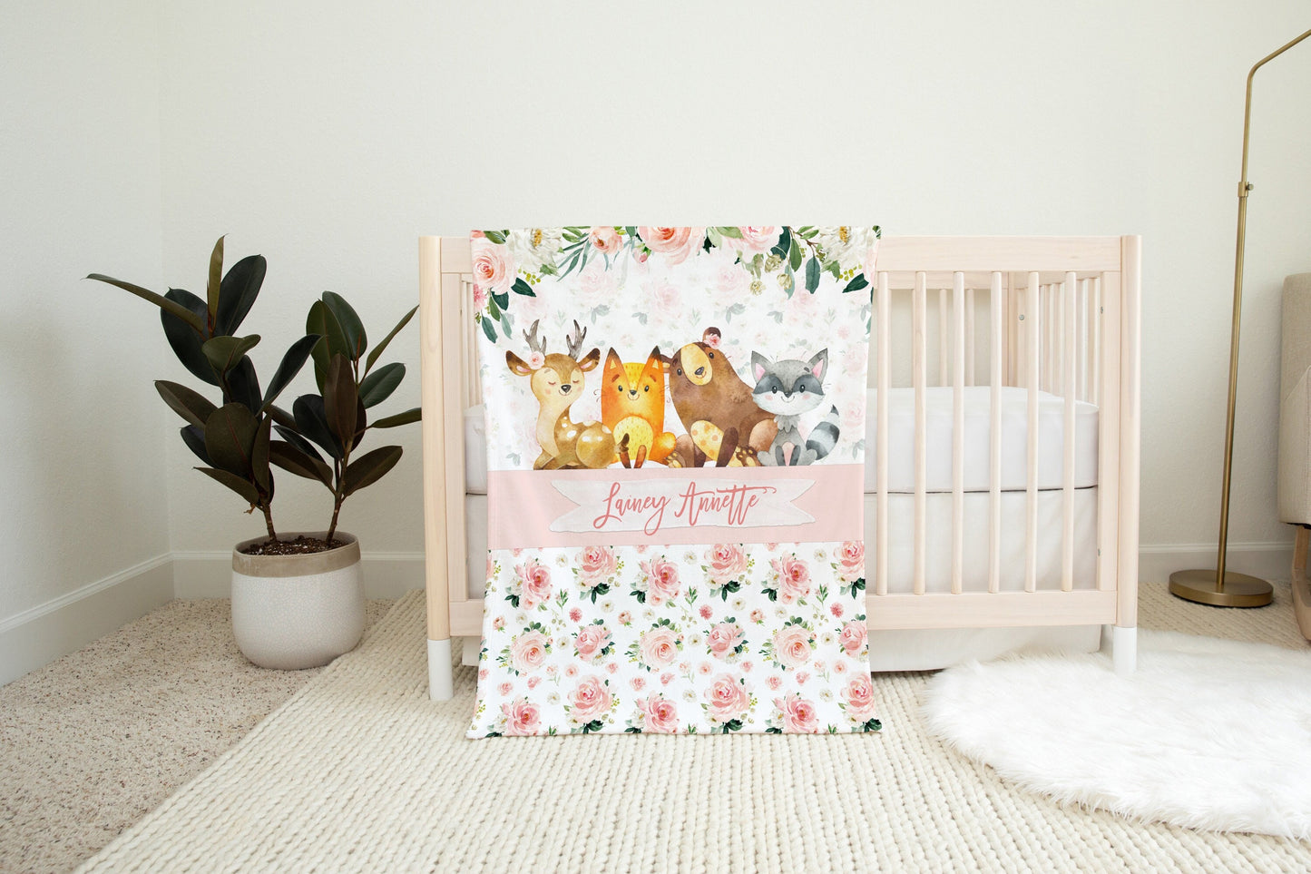 Blush Florals with Woodland Animals Personalized Blanket for Girl