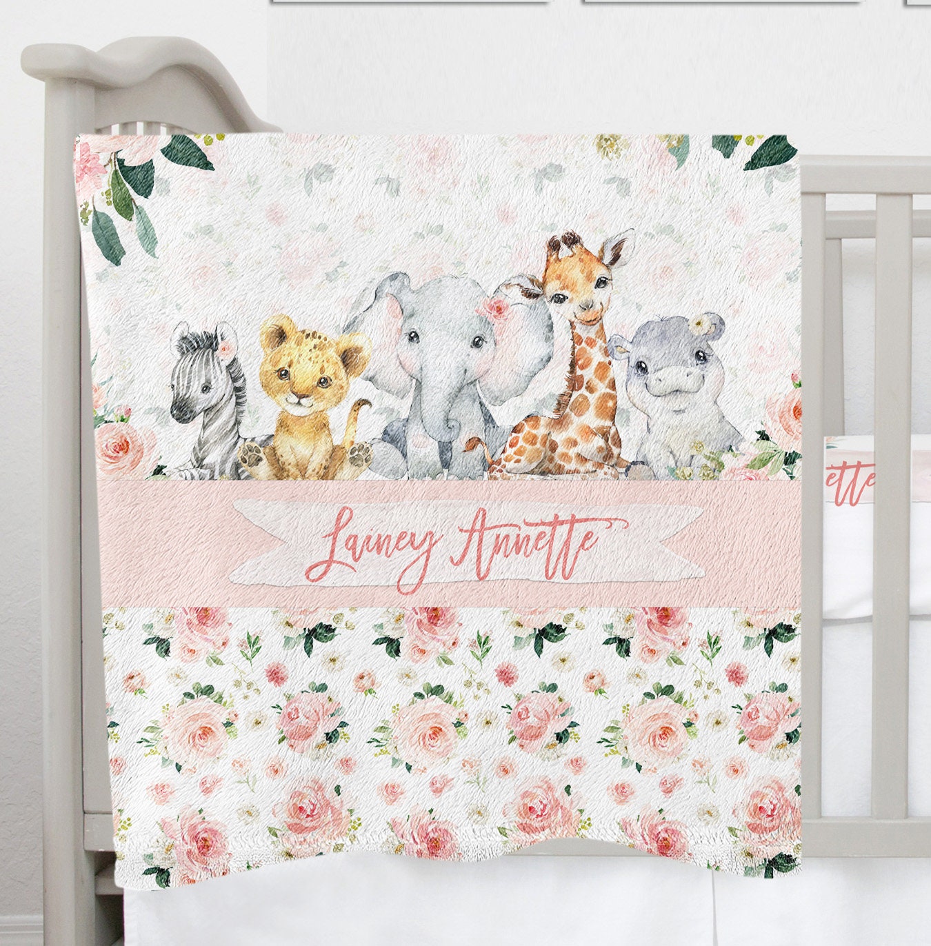 Blush Florals with Safari Babies Personalized Blanket for Girl