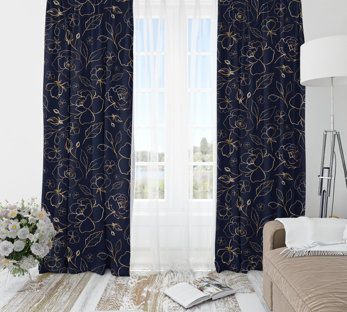 Navy Blue with Gold Roses Blackout Curtains